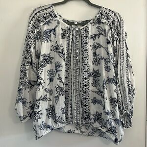 White and Blue Patterned Cotton Blouse